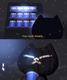 2_panel_comic ambiguous_gender anthro beverage beverage_can black_body black_fur blood blood_on_face bodily_fluids can caption container dialogue electronics energy_drink fur holding_object horizontal_eyes machine night outside rear_view snow snowing solo text user_interface vending_machine white_eyes white_mouth white_nose jazz_jack easy_delivery_co. domestic_cat felid feline felis mammal 2025 5:6 comic english_text