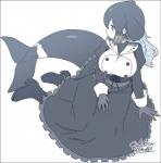 big_breasts black_hair blue_eyes blue_hair boots border breasts clothed clothing dress ear_fins female fin footwear gloves hair handwear long_hair multicolored_hair shoes sitting solo tail tail_fin transparent_border yoshida_hideyuki kemono_friends bowhead_whale_(yoshida_hideyuki) fan_character animal_humanoid baleen_whale_humanoid bowhead_whale_humanoid cetacean cetacean_humanoid humanoid mammal marine marine_humanoid whale_humanoid 2017 alpha_channel signature