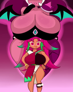 big_breasts black_wings boob_hat breasts cleavage clothed clothing dipstick_hair duo eyelashes female front_view green_hair green_wings hair huge_breasts long_hair membrane_(anatomy) membranous_wings open_mouth open_smile pink_background pink_body pink_eyes pink_hair simple_background size_difference smaller_female smile snaggle_tooth tan_body thick_thighs white_hair wide_hips wings fromariels cookie_run mythology lychee_dragon_cookie rambutan_cookie animal_humanoid cookie_(cookie_run) dragon dragon_humanoid humanoid mythological_creature mythological_scalie scalie absurd_res hi_res
