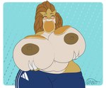 anthro areola big_breasts breasts brown_areola brown_nipples claws clothed clothing female food holding_breast huge_breasts hyper hyper_breasts looking_at_viewer nipples pancake solo thick_thighs topless topless_female idaialo adidas nintendo pokemon sandpancake generation_1_pokemon pokemon_(species) sandslash