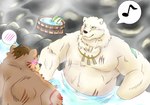 anthro black_nose blue_eyes brown_body brown_fur brown_hair brown_nose chest_scar duo eye_scar facial_markings facial_scar fur hair head_markings hot_spring male markings muscular muscular_anthro muscular_male onsen partially_submerged scar water white_body white_fur naku469m sdorica crushfang_(sdorica_sunset) dagger_(sdorica_sunset) bear mammal polar_bear ursine 2021 colored