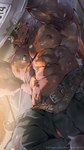 abs anthro armpit_hair belt biceps big_muscles bodily_fluids body_hair bottomwear brown_body brown_fur bulge clothed clothing dog_tags fur hair huge_muscles looking_at_viewer male mask muscular muscular_male nipples pants pecs pubes scar solo sweat topless topless_anthro topless_male yellow_eyes murimurri670 cygames world_flipper rolf_(world_flipper) canid canine canis mammal wolf hi_res