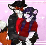 anthro blue_hair clothing cuddling duo eyes_closed female fur fur_markings hair heart_symbol hug husband_and_wife jacket love male male/female markings married_couple multicolored_body multicolored_fur purple_hair raised_tail red_body red_clothing red_fur romantic romantic_couple smile tail topwear two_tone_body two_tone_fur heristeaarts peach_panda redrick_(erickredfox) bear canid canine fox giant_panda mammal red_fox true_fox