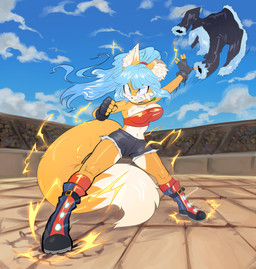 anthro audience bandeau biped black_clothing black_gloves black_handwear black_nose blue_eyes blue_hair boots bottomwear breasts cleavage clenched_teeth clothed clothing countershade_face countershading day denim denim_bottomwear denim_clothing denim_shorts female fighting_pose fingerless_gloves footwear gloves group hair handwear inner_ear_fluff jacket jewelry long_hair medium_breasts midriff navel necklace orange_body outside pose shoes shorts solo standing teeth topwear tuft white_body white_countershading soina sega sonic_the_hedgehog_(series) milla_birch canid canine fox mammal 2025 absurd_res hi_res