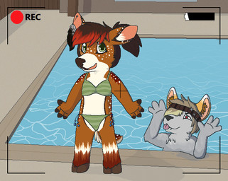 accessory anthro bangs bikini brown_body brown_fur brown_hair brown_hooves brown_inner_ear_fluff brown_nose camera_view chibi clothed clothing countershading detailed_background duo ear_piercing feather_ear_ring female female_anthro fingers fur gesture green_bikini green_clothing green_eyes green_swimwear grey_body grey_fur hair hair_over_eye hand_gesture headband highlights_(coloring) hooved_fingers hooves inner_ear_fluff looking_at_another looking_at_viewer male male_anthro markings narrowed_eyes one_eye_obstructed open_mouth open_smile partially_submerged photobomb piercing pink_inner_ear ponytail recording red_highlights scut_tail short_tail smile snout solo_focus spots spotted_body spotted_fur swimming_pool swimwear tail teasing tongue tongue_out tuft two-piece_swimsuit water wet wet_body wet_fur white_body white_countershading white_fur white_inner_ear_fluff white_spots young young_anthro sebdoggo canid canine deer mammal 2014 aliasing cel_shading digital_drawing_(artwork) digital_media_(artwork) microsoft_paint_(artwork) shaded