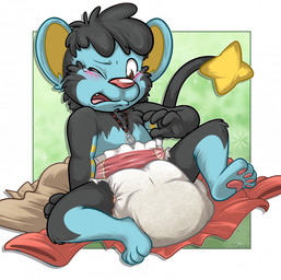 age_regression anthro black_body black_fur black_hair blue_body blue_fur clothed clothing clothing_on_floor diaper diaper_only embarrassed fur hair jewelry looking_at_diaper male necklace on_ground one_eye_closed one_leg_up pawpads raised_leg soiled_diaper solo tail toddler topless unclean_diaper used_diaper wearing_diaper young artistakita microsoft nintendo pokemon the_elder_scrolls generation_4_pokemon luxray pokemon_(species) 2023 hi_res