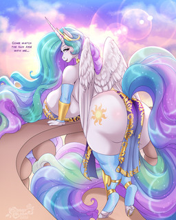 anthro big_butt biped breasts butt clothed clothing eyelashes feathered_wings feathers female hair horn looking_at_viewer looking_back multicolored_hair pupils smile solo thick_thighs white_body wings tiggybloom friendship_is_magic hasbro my_little_pony mythology princess_celestia_(mlp) equid equine mammal mythological_creature mythological_equine winged_unicorn hi_res
