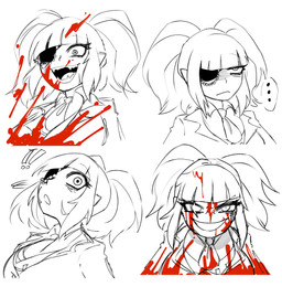 annoyed blood blood_splatter bodily_fluids breasts clothed clothed_female clothing ellipsis exclamation_point eye_patch eye_scar eyewear facial_scar female looking_at_viewer mouth_closed necktie open_mouth open_smile pointy_ears scar sharp_teeth smile solo teeth twintails_(hairstyle) wide_eyed bl00dalchemist final_fantasy final_fantasy_xiv square_enix athenia_adominian humanoid lalafell mammal absurd_res hi_res