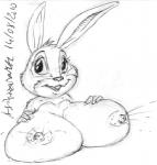 anthro big_breasts bodily_fluids breasts buckteeth candy dessert female food huge_breasts lactating mascot nipples solo teeth asthexiancal cadbury cadbury_bunny lagomorph leporid mammal rabbit 2010 bust_portrait monochrome portrait