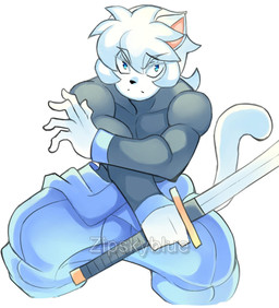 anthro blue_eyes fur holding_object holding_weapon male solo tail weapon white_body white_fur zipskyblue akira_(zipskyblue) felid feline mammal hi_res