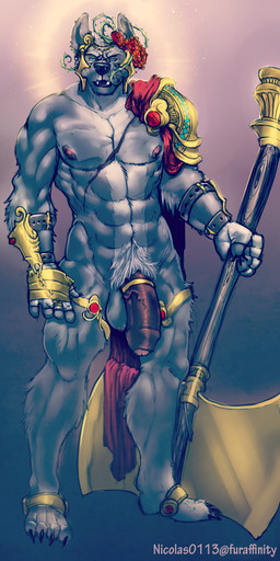 4_toes 5_fingers abs accessory animal_genitalia anthro armor athletic axe balls barefoot battle_axe biceps big_muscles big_penis biped black_nose blue_eyes claws cock_ring double_bitted_axe fangs fantasy_axe fantasy_weapon feet fingers flower foreskin front_view fur garter gem genitals gladiator gold_(metal) grey_body grey_fur grey_hair hair half-erect holding_object holding_weapon humanoid_genitalia humanoid_penis jewelry large_weapon looking_at_viewer male melee_weapon muscular muscular_anthro muscular_male nipples nude open_mouth partially_retracted_foreskin paws pecs penis penis_accessory penis_jewelry plant pose presenting pubes ruby_(gem) sheath simple_background solo standing teeth thick_penis toe_claws toes vein veiny_penis warrior weapon chumbasket canid canine canis mammal wolf 2013 absurd_res digital_media_(artwork) hi_res
