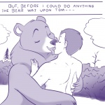 1:1 anthro bear claws detailed_background duo english_text female female_on_human french_kissing hug human human_on_anthro interspecies kissing larger_anthro larger_female lonbluewolf male male_on_anthro mammal mark_trail monochrome nude outside plant purple_and_white shrub size_difference smaller_human smaller_male text tom_davis tongue tongue_out tree