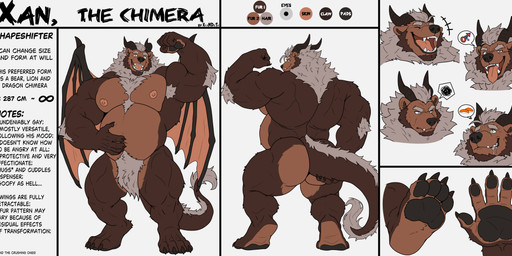 annoyed anthro arm_tuft armpit_hair barazoku bear_ears beard biceps big_hands big_muscles biped black_nose blush bodily_fluids body_hair brown_body brown_fur butt chest_hair claws digitigrade drooling elbow_tuft expressions eyebrows facial_hair fangs feet flexing flexing_bicep front_view fur grey_mane happy holding_tail horn huge_muscles hungry laugh looking_at_viewer male mane musclegut muscular muscular_anthro muscular_legs muscular_male nipples nude open_mouth overweight pawpads pecs rear_view saliva simple_background smile solo standing tail tail_tuft teeth text thick_eyebrows toes tongue tongue_out tuft wings xyandrith mythology xan_the_chimera bear chimera dragon felid hybrid lion mammal mythological_creature mythological_scalie pantherine scalie absurd_res english_text hi_res model_sheet