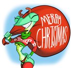 anthro breasts christmas_clothing christmas_headwear clothing female headgear headwear holidays legwear panties slim smile solo thick_thighs thigh_highs under_boob underwear rubbish_chameleon christmas biphony_(rubbish_chameleon) amphibian frog hi_res