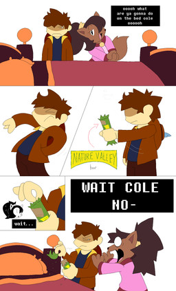 anthro bed bedroom_eyes brown_body brown_clothing brown_fur brown_hair brown_jacket brown_topwear clothed clothing cowboy_hat crumbs dialogue dialogue_box duo eyebrows eyelashes feathers female fingers fluffy fluffy_tail fox_ears fur furniture granola_bar hair hat headgear headwear humor jacket male narrowed_eyes pale_skin pink_clothing pink_jacket pink_topwear ponytail seductive shirt simple_background squint tail text topwear white_background anonymous_artist unknown_artist deltarune deltarune_yellow undertale undertale_(series) undertale_yellow cole_(deltarune_yellow) kanako_ketsukane animal_humanoid canid canid_humanoid canine canine_humanoid fox fox_humanoid human humanoid mammal mammal_humanoid comic english_text hi_res