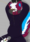 anthro arms_tied balls bdsm blush bodily_fluids bondage bound chain clothing cuff_(restraint) fur genital_fluids genitals hair latex latex_clothing latex_skinsuit male muzzle_(object) muzzled restrained restraints rubber_clothing sex_toy shackles simple_background skinsuit solo submissive tail tight_clothing tuft urine urine_on_chest urine_on_face urine_stream vibrator wand_vibrator watersports olidre olidre_(olidre) mammal mephitid skunk absurd_res digital_media_(artwork) hi_res