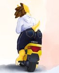 abstract_background anthro bottomwear butt clothing denim denim_bottomwear denim_clothing digitigrade female fur hoodie jeans looking_back low-angle_view motor_scooter motor_vehicle motorcycle pants raised_tail rear_view solo tail topwear vehicle yellow_body yellow_fur jekerela honda honda_motocompo nintendo pokemon sunny_(jekerela) generation_1_pokemon pokemon_(species) sandslash digital_media_(artwork)