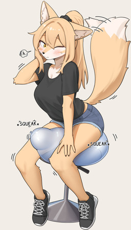 accessory anthro balloon balloon_fetish bare_legs big_breasts black_clothing black_shirt black_topwear blonde_hair blue_bottomwear blue_clothing blue_shorts blush bodily_fluids bottomwear breasts clothing collarbone female female_anthro fluffy_ears glistening glistening_hair hair hair_accessory hair_between_eyes inflatable leaning leaning_forward long_hair one_eye_closed ponytail raised_tail shirt shorts simple_background sitting_on_balloon solo sound_effects speech_bubble sweat tail tail_motion tailwag topwear yellow_eyes jeifier rebekah canid canine fox mammal absurd_res hi_res