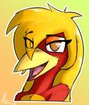 ambiguous_gender anthro beak eyeliner feathers hair lipstick long_hair makeup orange_eyeliner pink_lipstick red_body red_feathers solo yellow_beak yellow_body yellow_feathers proteusiii glori_gamebird avian bird chrysolophus galliform golden_pheasant phasianid headshot_portrait portrait