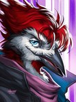 abstract_background anthro beak blue_eyes clothing jacket looking_at_viewer topwear finbeard avian bird cardinal_(bird) oscine passerine digital_drawing_(artwork) digital_media_(artwork) headshot_portrait hi_res portrait