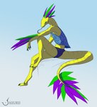 anthro clothing feathers feet forked_tongue jewelry looking_at_viewer lounging male necklace scales shark_tooth_necklace shirt sitting solo speedo swimming_trunks swimwear tail talons tank_top toes tongue topwear vest yellow_body yellow_scales asurii itzal_eguzkia couatl feathered_scalie feathered_snake reptile scalie snake absurd_res hi_res