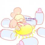 anthro baby_bottle bodily_fluids bottle clothed clothing container diaper embarrassed female genital_fluids paws peeing simple_background solo unclean_diaper urine used_diaper wearing_diaper wet_diaper wetting white_background white_diaper sir-dancalot animal_crossing nintendo isabelle_(animal_crossing) canid canine canis domestic_dog mammal shih_tzu toy_dog 1:1 hi_res