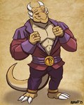 abs anthro bottomwear clothing horn male multi_horn pants pecs purple_bottomwear purple_clothing purple_pants red_clothing red_eyes ring solo nanoff mythology dragon mythological_creature mythological_scalie scalie 4:5 hi_res