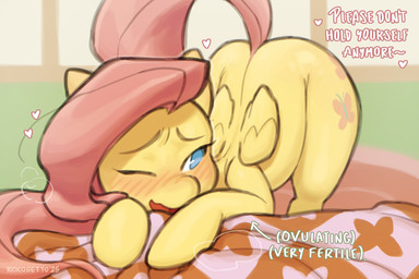 ass_up back_wings bed bent_over blue_eyes blush blush_lines butt cutie_mark dialogue eyebrows female feral flirting front_view furniture hair heart_symbol hooves in_heat inside inviting_to_sex offering_sex on_bed one_eye_closed open_mouth ovulating pink_hair presenting presenting_hindquarters raised_inner_eyebrows raised_tail requesting sex_request solo suggestive_dialogue tail talking_feral text wings yellow_body kokosetto friendship_is_magic hasbro my_little_pony fluttershy_(mlp) equid equine horse mammal pony 2025 3:2 digital_media_(artwork) english_text hi_res watermark