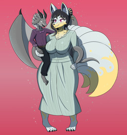 anthro belt belt_buckle big_breasts bottomwear bow_tie breasts buckle claws clothing collared_shirt curvy_figure dress dress_shirt duo female fur horn kate_(scribeholder) male male/female multi_tail neck_tuft paws romantic romantic_couple scales scribe_(scribeholder) shirt size_difference skirt sparkles tail topwear tuft white_body white_fur wide_hips wings yellow_body yellow_fur mara_the_ravenous canid canine deity fox kobold mammal scalie absurd_res hi_res