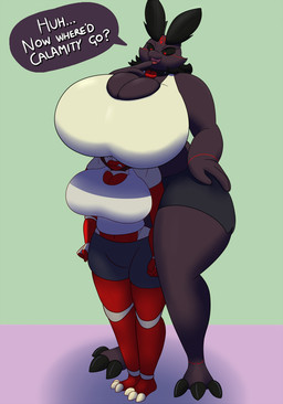 angry anthro big_breasts black_eyebrows black_hair black_sclera boob_hat bottomwear breasts brown_body brown_fur choker claws clothing duo eyebrows female fur hair hand_on_hip heart_choker huge_breasts jewelry larger_female markings mouth_closed necklace non-mammal_breasts open_mouth purple_body red_body red_eyes scales shirt shorts size_difference speech_bubble tan_body tan_scales tank_top thick_thighs toe_claws topwear wide_hips vestalysis mythology calamity_(averyshadydolphin) yaojou dragon jou mythological_creature mythological_scalie scalie 2018 colored digital_drawing_(artwork) digital_media_(artwork) unavailable_at_source