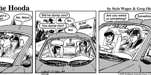 car clothed clothed_female clothing dialogue duo female hair human_only not_furry text vehicle style_wager dela_the_hooda mary_chan sue_chan_(dela_the_hooda) human mammal 1999 comic english_text greyscale monochrome