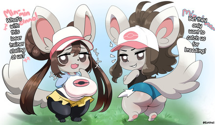 alternate_species anthro baseball_cap big_breasts big_butt big_ears breasts brown_hair butt clothing duo female fur furrification grey_body grey_fur hair hat headgear headwear huge_breasts huge_butt leggings legwear pokemon_speak shirt shortstack shortstack_female smile tail text thick_thighs topwear translation_within_image ecchitrail nintendo pokemon hilda_(pokemon) rosa_(pokemon) chinchillid generation_5_pokemon mammal minccino pokemon_(species) rodent english_text hi_res