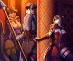 anthro female group male medieval medieval_armor medieval_clothing melee_weapon polearm spear thief trio weapon knight_dd bianca_(izoar) carmo silaren_(izoar) bat canid canine fox lagomorph leporid mammal rabbit absurd_res hi_res