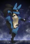 anthro balls blue_body blue_fur fur genitals male outside penis red_eyes sky solo v-d-k nintendo pokemon canid canine generation_4_pokemon lucario mammal pokemon_(species) 2017 absurd_res hi_res