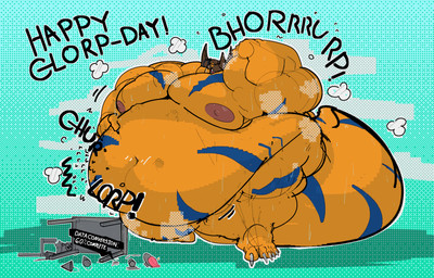 abdominal_bulge anthro belly big_belly big_muscles burping flexing flexing_bicep huge_belly huge_muscles hyper hyper_muscles male male_pred multiple_prey musclegut muscular muscular_male nipples overweight overweight_male rumbling_stomach same_size_vore struggling struggling_prey text vore halftonhalfshell bandai_namco digimon digimon_(species) greymon english_text hi_res