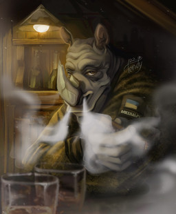 alcohol anthro beverage brown_eyes cigar clothing container cup dark_room drinking_glass facial_horn glass glass_container glass_cup grey_body grey_skin horn liquor male military_uniform nose_horn smoke smoke_from_nose solo ukrainian_flag uniform ttendy mammal rhinoceros hi_res