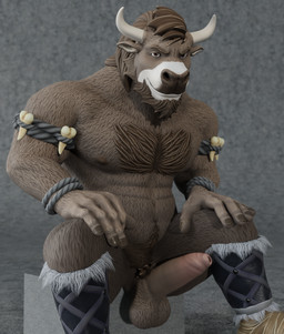 anthro beard big_penis bodily_fluids brown_body brown_fur clothing facial_hair foreskin fur genitals hair horn male muscular muscular_male nipples nude pattern_background pecs penis rope simple_background smile smirk solo tuft buruthebull bovid bovine cattle mammal 3d_(artwork) absurd_res digital_media_(artwork) hi_res