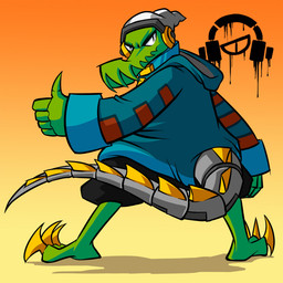 anthro beanie bottomwear clothing cybernetics electronics gesture gradient_background hand_gesture hat headgear headphones headwear hoodie looking_at_viewer machine male metal_tail paint prosthetic shorts simple_background solo spray_paint thumbs_up topwear zipper bearpuncher lethal_league latch crocodile crocodilian cyborg reptile scalie 1:1 2015