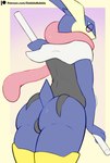 ambiguous_gender anthro biped blue_tail border butt clothing dabelette generation_6_pokemon greninja hi_res holding_object long_tongue looking_back nintendo pink_body pokemon pokemon_(species) pseudoregalia purple_background purple_eyes rear_view short_tail simple_background solo tail tan_background tan_body tan_border tongue