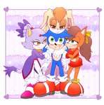 anthro blue_body blue_fur blush brown_body brown_hair clothing female footwear fur gloves green_eyes group group_hug hair handwear hug hugging_another looking_at_viewer male male/female mature_anthro mature_female purple_body purple_fur smile acualia sega sonic_the_hedgehog_(series) sonic_x-treme blaze_the_cat sonic_the_hedgehog tiara_boobowski vanilla_the_rabbit domestic_cat eulipotyphlan felid feline felis hedgehog lagomorph leporid mammal manx manx_cat rabbit hi_res