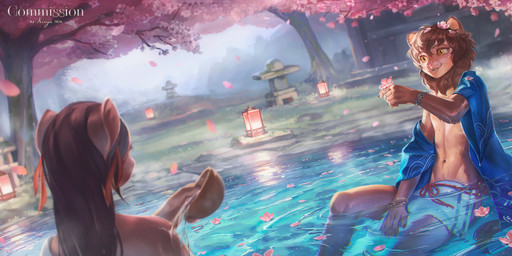 anthro asian_clothing bamboo bamboo_stick bare_chest bathing cherry_blossom cherry_blossom_tree cherry_tree clothing duo east_asian_clothing female flower fruit_tree hair hot_spring japanese_clothing kimono lamp lantern lion_ears long_hair male male/female nature nature_background outside plant prunus_(flower) romantic romantic_ambiance romantic_couple tail tail_tuft towel towel_only tree tuft water keiyo leon_(montez) felid lion mammal pantherine hi_res