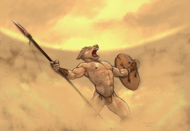 5_fingers abs anthro arena athletic athletic_anthro athletic_male bodily_fluids bottomwear bulge clothed clothing dust fangs fingers fur gladiator humanoid_hands loincloth male melee_weapon muscular muscular_anthro muscular_male open_mouth polearm scar shield solo spear sweat teeth tongue topless topless_anthro topless_male warrior weapon marsonaut canid canine canis mammal wolf