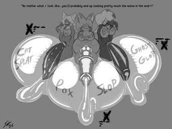 ali'co_quin'ta anthro bodily_fluids clothing condom condom_disposal cum cum_transformation ejaculation filled_condom genital_fluids genitals group gynomorph gynomorph_pred hidden_eyes identity_death implied_cock_vore implied_fatal intersex intersex_pred penis quinn_talico sexual_barrier_device shirt text text_on_clothing text_on_shirt text_on_topwear topwear transformation trio writing_on_condom grayscalerain saliant asian_mythology east_asian_mythology japanese_mythology mythology saliant_(character) spooky_static animal_humanoid felid feline ghost humanoid hybrid mammal spirit yokai 2026 hi_res monochrome sketch trans_(lore) trans_woman_(lore)