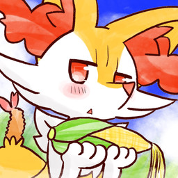 :o ambiguous_anthro ambiguous_gender anthro biped blush corn food front_view holding_corn looking_at_viewer object_in_tail open_mouth outside plant shrimp_(food) snout solo tail annyui0611 nintendo pokemon braixen canid generation_6_pokemon mammal pokemon_(species) 1:1 2022 bust_portrait digital_drawing_(artwork) digital_media_(artwork) hi_res japanese_description portrait translated_description