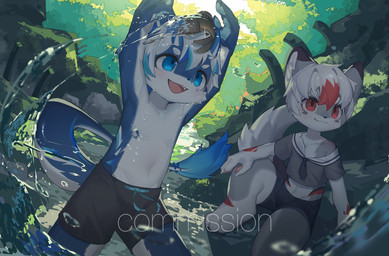 anthro blue_body blue_eyes blue_fur bottomwear clothed clothing duo fangs fishing fur grey_body grey_fur hand_pawpads kemono looking_up male navel open_mouth raised_arms red_eyes shorts sitting splash swimming_trunks swimwear teeth topless topless_male topwear water young young_anthro young_male emolga_1 mammal 2022 hi_res watermark