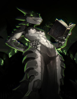 anthro black_body book bottomwear breasts claws clothing eyelashes female finger_claws green_eyes green_light hand_on_hip holding_book holding_object loincloth low-angle_view magic_user midriff narrowed_eyes non-mammal_breasts panties pasties scales sharp_teeth small_breasts solo spikes spikes_(anatomy) standing teeth toothy_grin topwear translucent translucent_clothing under_boob underwear white_body bokdan0 cool_s darya_(tlen) scalie 2026 digital_media_(artwork) hi_res