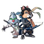 anthro bow_(weapon) clothing duo facial_hair footwear gloves hair handwear male mask parody ranged_weapon simple_background weapon shamserg blizzard_entertainment chip_'n_dale_rescue_rangers disney overwatch chip_(disney) dale_(disney) genji_(overwatch) hanzo_(overwatch) ground_squirrel mammal rodent sciurid 1:1 2016 hi_res signature