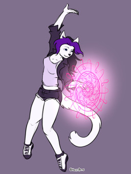 anthro breasts clothing female footwear grey_background hair magic purple_hair shirt shoes simple_background solo spell tank_top topwear halcy0n domestic_cat felid feline felis mammal 3:4 hi_res