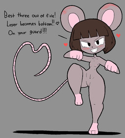 anthro barefoot black_eyes blush blush_lines breasts brown_hair dialogue feet female fighting_pose flat_chested fur genitals grey_background grey_body grey_fur hair heart_symbol navel nipples nude nude_anthro nude_female pink_nipples pose simple_background small_breasts solo tail text thick_thighs vulva wide_hips usagibun1 ida_(usagibun1) mammal mouse murid murine rodent 2024 digital_media_(artwork) english_text