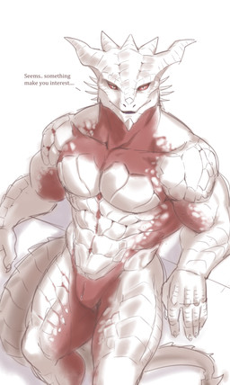 abs animal_genitalia anthro bedroom_eyes biceps bodily_fluids claws deltoids genital_fluids genital_slit genitals horn inviting looking_at_viewer male muscular muscular_anthro muscular_arms muscular_male muscular_thighs narrowed_eyes nude pecs pupils red_eyes scales seductive serratus simple_background slit_pupils solo tail teeth text triceps white_background white_body white_scales sacorxi baldur's_gate baldur's_gate_3 dungeons_and_dragons hasbro larian_studios wizards_of_the_coast the_dark_urge_(baldur's_gate) dragonborn_(dnd) scalie absurd_res digital_media_(artwork) english_text hi_res